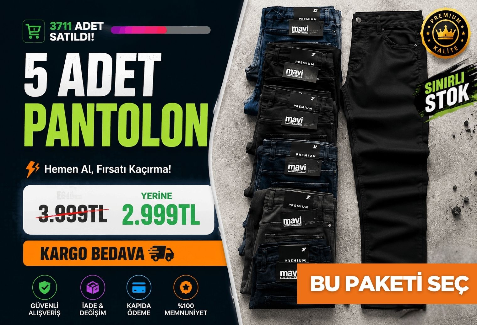 5 Adet Mavi Jeans Pantolon